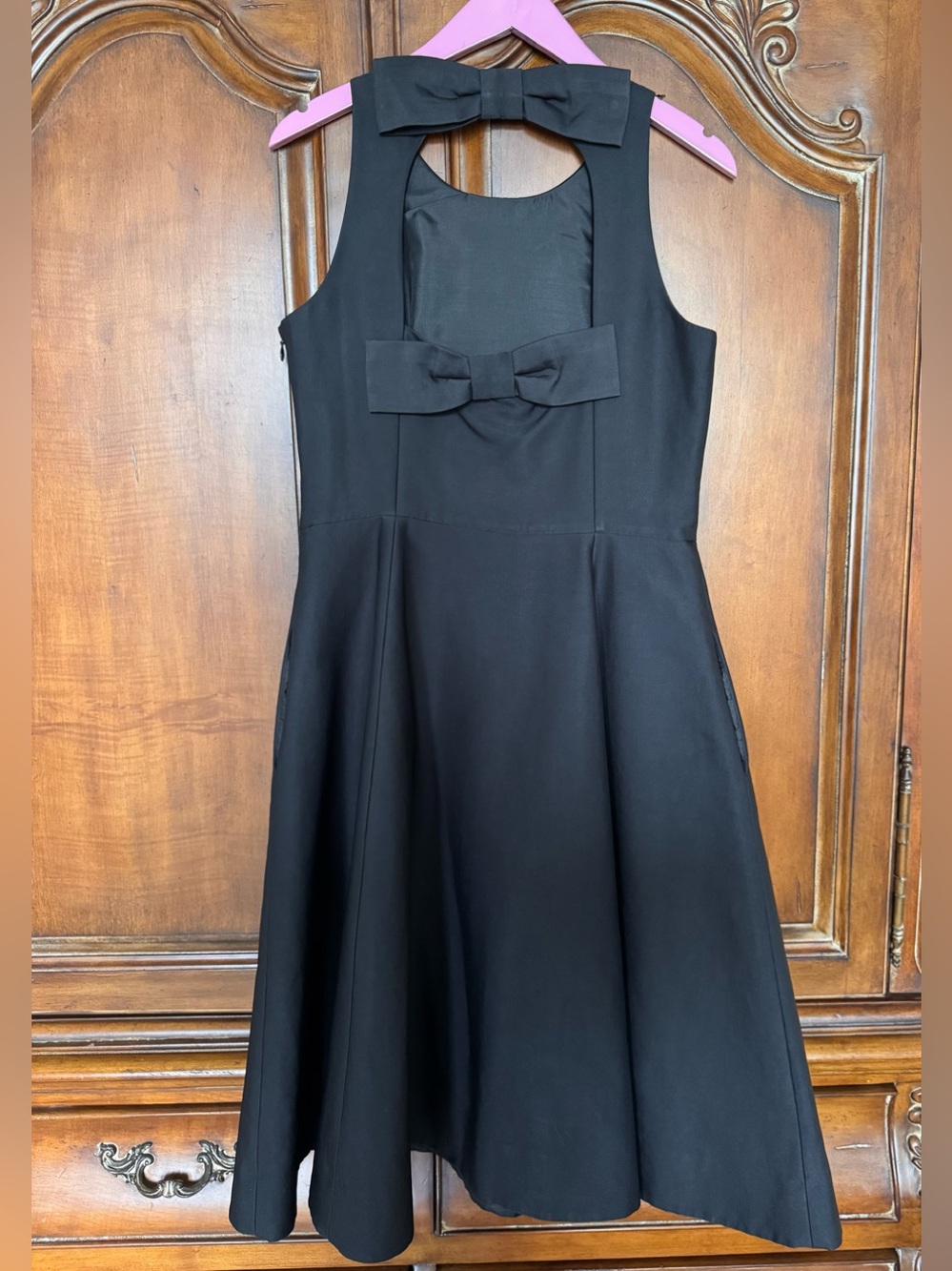 Kate Spade Back Bow Black Sleeveless Fit-and-Flare Midi Dress w side pockets